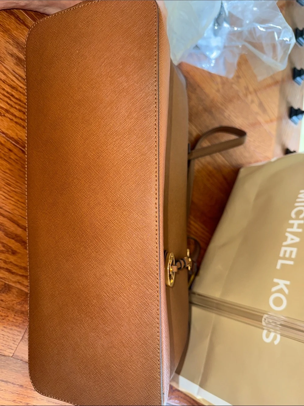 Michael Kors Brown Saffiano Tote with Gold Logo Charm